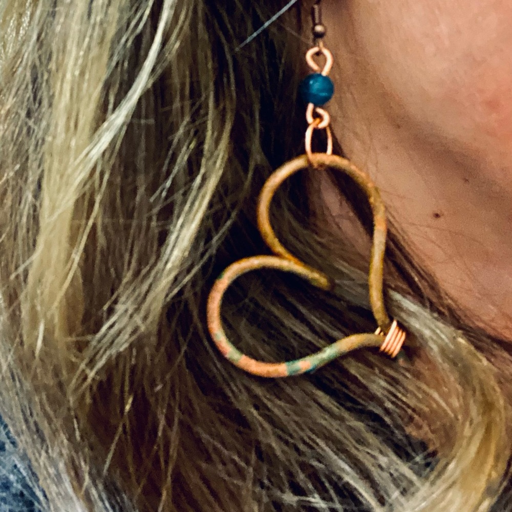 Hand made patina copper earrings with Blue Apatite beads, hypoallergenic hooks
